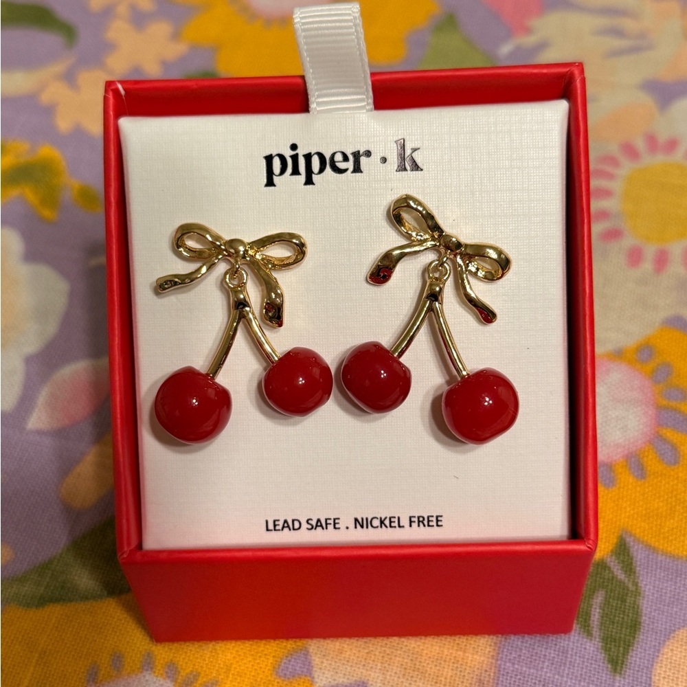 Piper Gold and Red Cherry Earrings for Kids - Picture 4 of 4